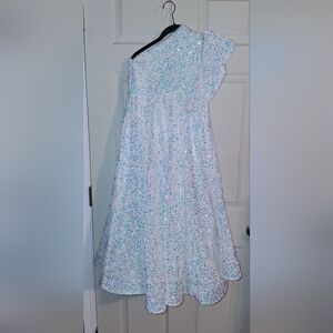 White Velvet One Shoulder A-Line Sequin Pagean Dress With Lace Up Corset Back